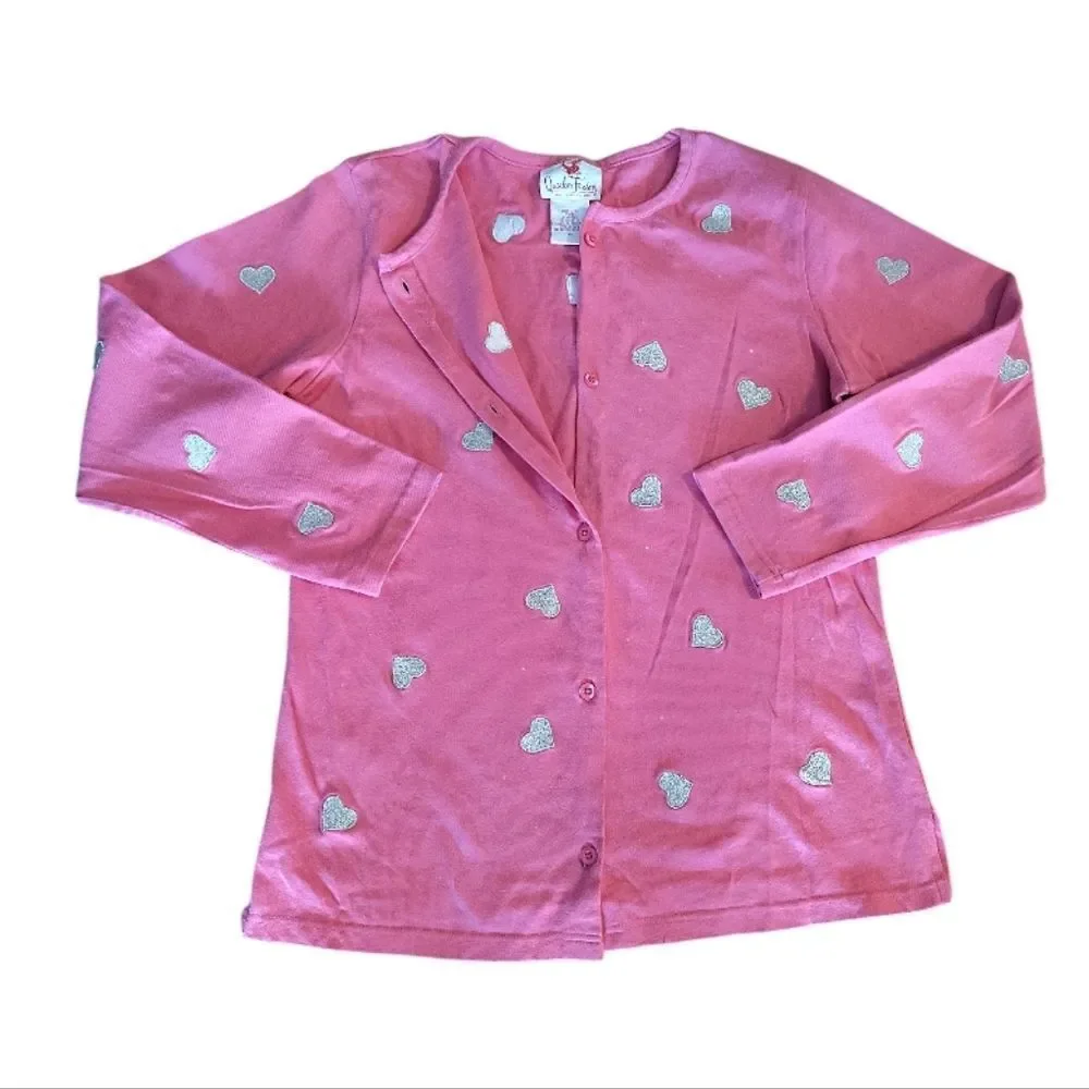 Quacker Factory VTG Pink Glitter Hearts Button Front‎ Cotton Cardigan Med
